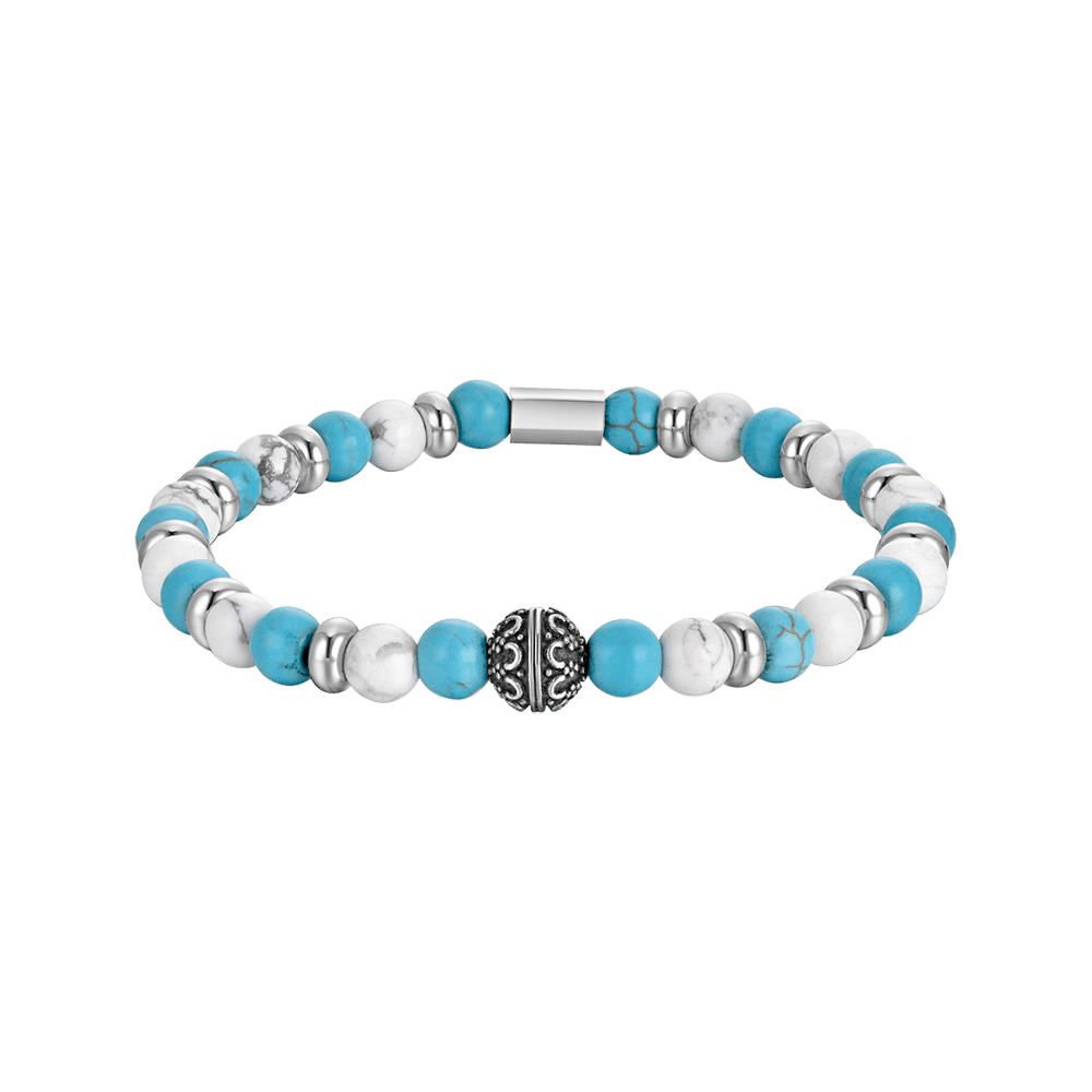 BRACELET ELASTIQUE POUR HOMME AVEC PIERRES BLEUES ET BLANCHES ET ELEMENTS EN ACIER Luca Barra