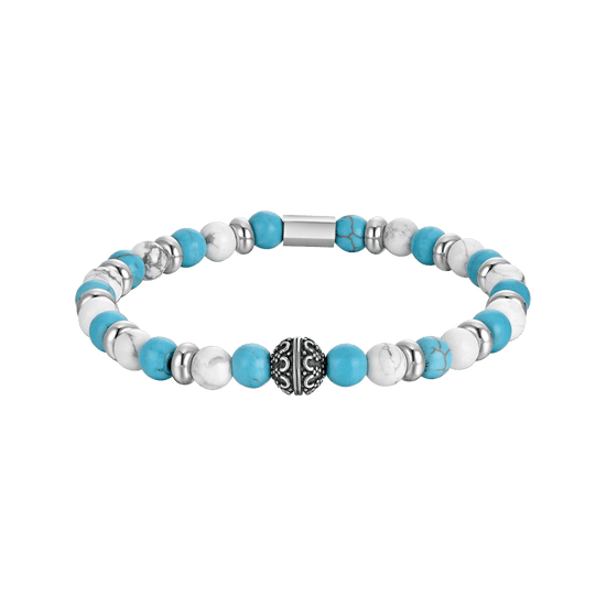 BRACELET ELASTIQUE POUR HOMME AVEC PIERRES BLEUES ET BLANCHES ET ELEMENTS EN ACIER Luca Barra