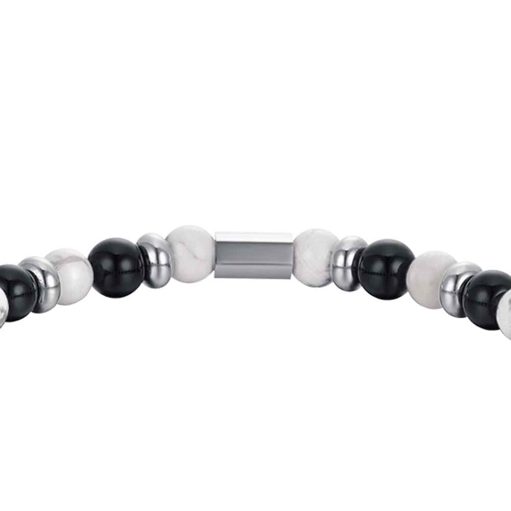 BRACELET ÉLASTIQUE POUR HOMME AVEC PIERRES NOIRES ET BLANCHES ET ÉLÉMENTS EN ACIER
