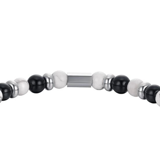 BRACELET ÉLASTIQUE POUR HOMME AVEC PIERRES NOIRES ET BLANCHES ET ÉLÉMENTS EN ACIER