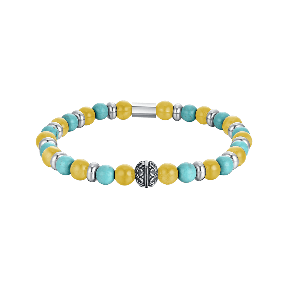 BRACELET ELASTIQUE POUR HOMME AVEC PIERRES TURQUOISE ET JAUNES ET ELEMENTS EN ACIER Luca Barra