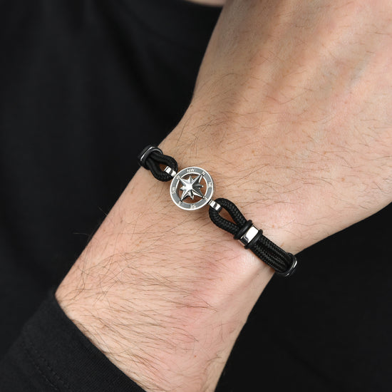 BRACELET HOMME EN CORDE NOIRE AVEC ROSE DES VENTS AVEC ÉMAIL NOIR Luca Barra