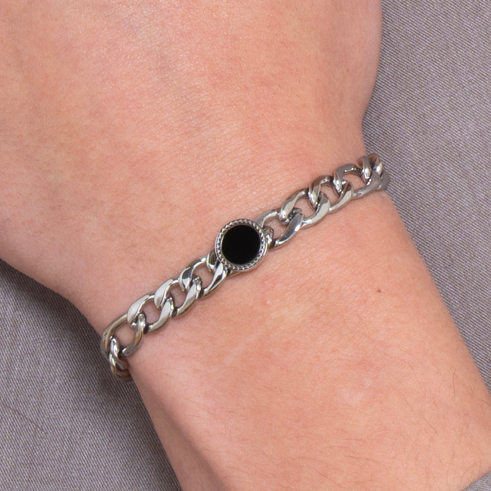 BRACELET HOMME EN ACIER AVEC AGATE NOIRE