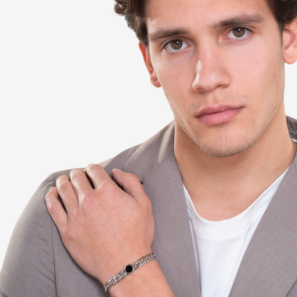 BRACELET HOMME EN ACIER AVEC AGATE NOIRE