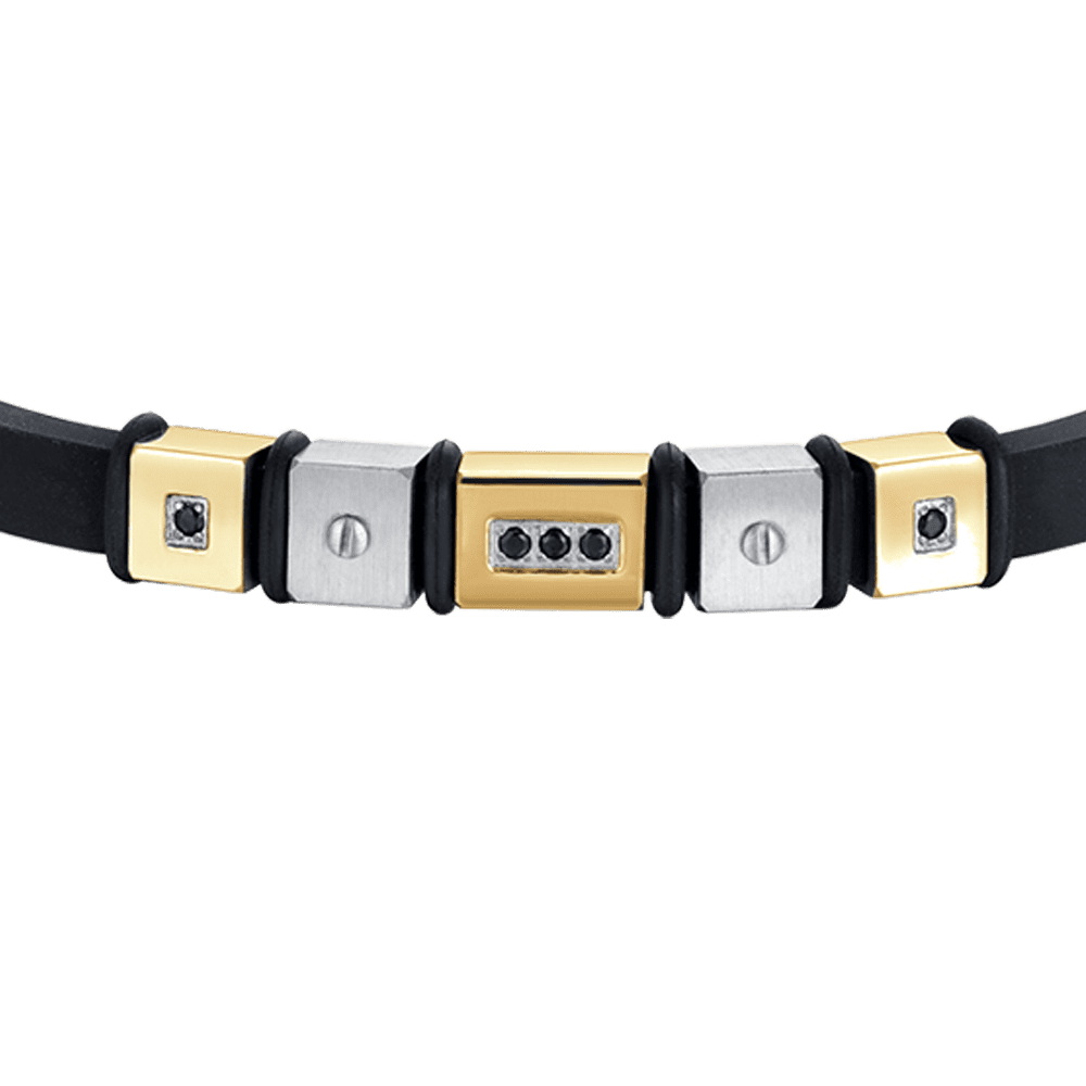 BRACELET HOMME EN SILICONE NOIR AVEC ÉLÉMENTS EN ACIER IP DORÉ