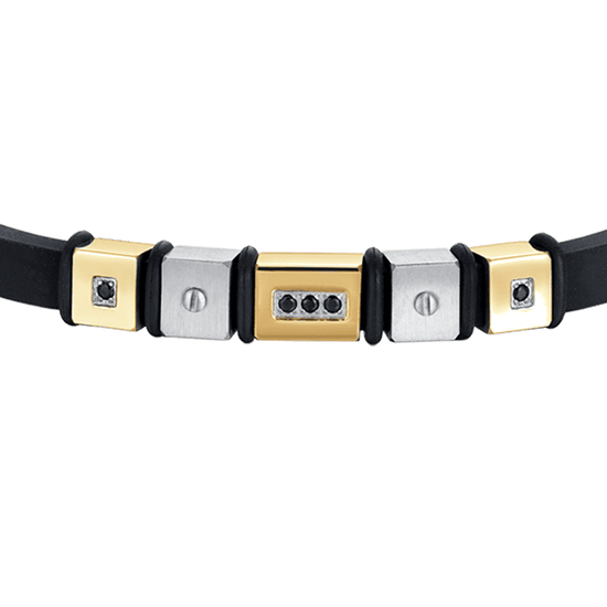 BRACELET HOMME EN SILICONE NOIR AVEC ÉLÉMENTS EN ACIER IP DORÉ