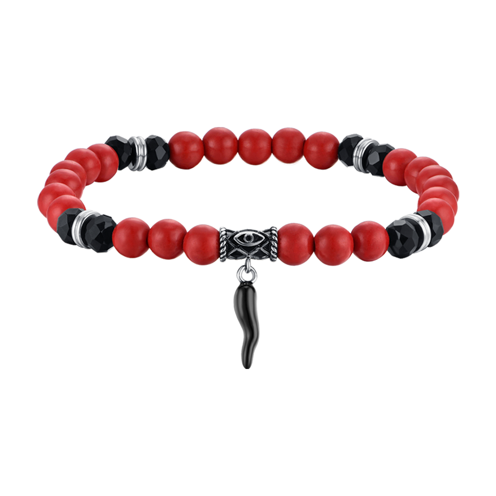 BRACELET ELASTIQUE POUR HOMMES AVEC PIERRES ROUGES ET NOIRES ET CORN NOIR Luca Barra