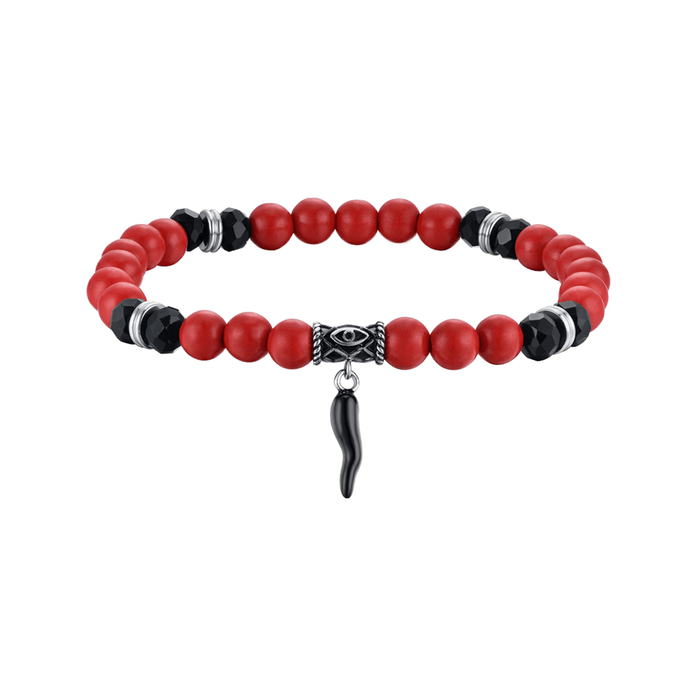 BRACELET ELASTIQUE POUR HOMMES AVEC PIERRES ROUGES ET NOIRES ET CORN NOIR Luca Barra