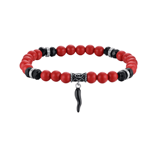 BRACELET ELASTIQUE POUR HOMMES AVEC PIERRES ROUGES ET NOIRES ET CORN NOIR Luca Barra