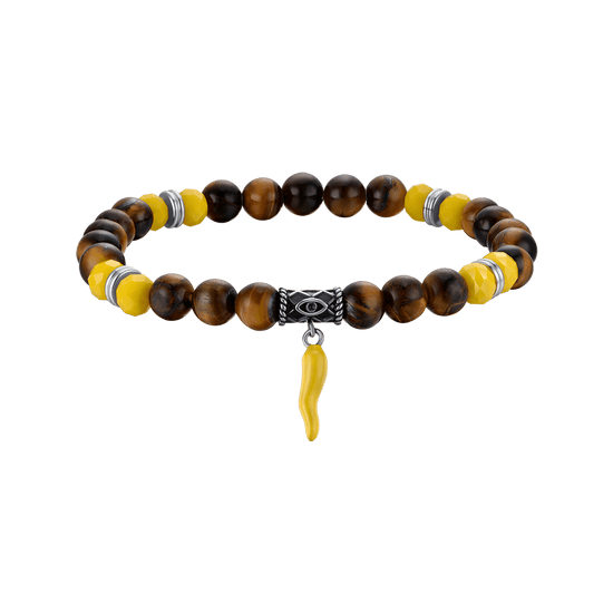 BRACELET ÉLASTIQUE POUR HOMME AVEC PIERRES EN OEIL DE TIGRE ET CORNE JAUNE