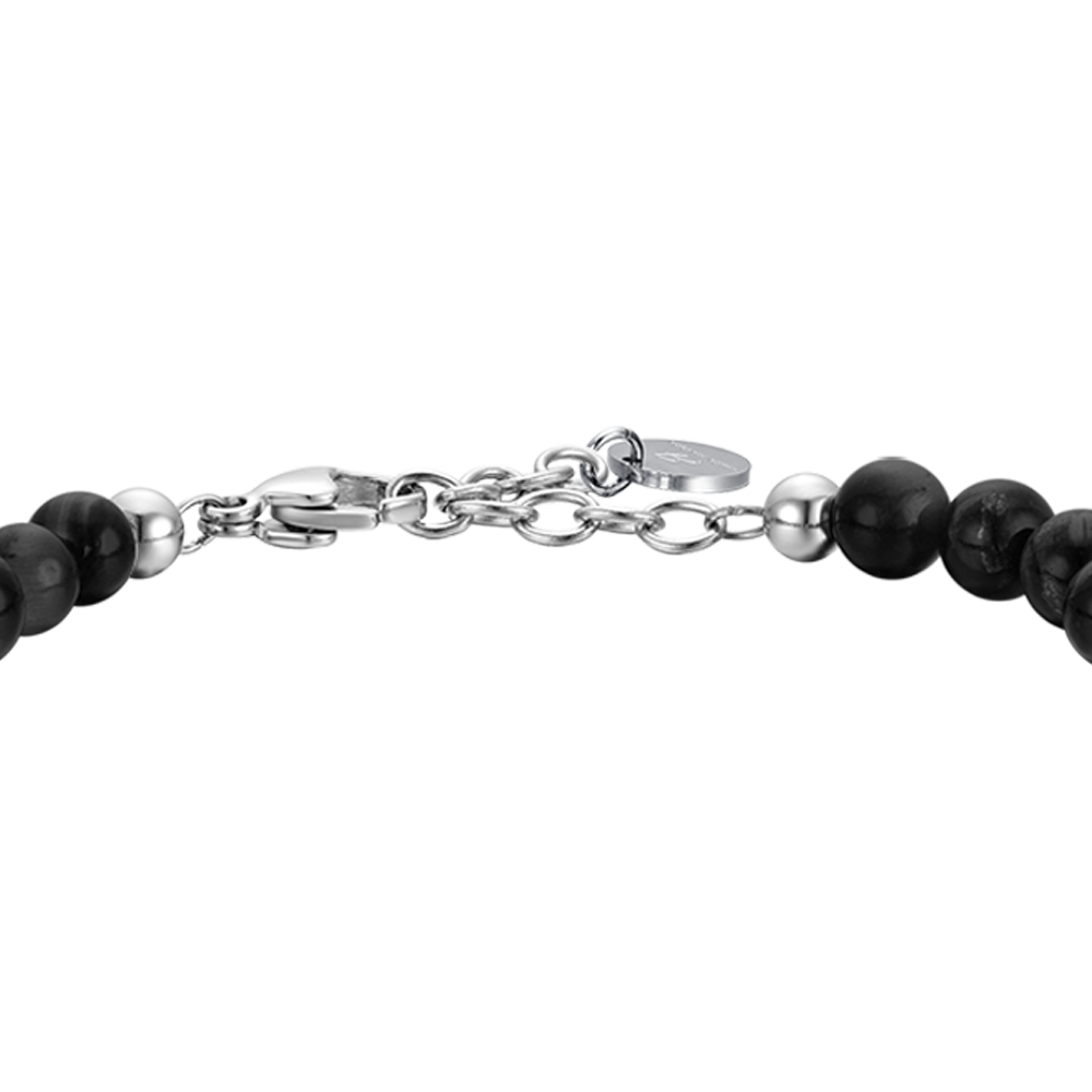 BRACELET EN ACIER POUR HOMMES AVEC PIERRES NOIRES ET ÉLÉMENTS EN ACIER