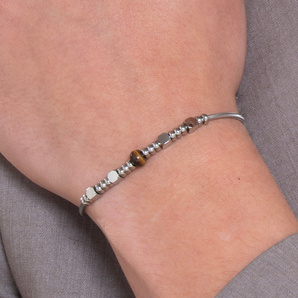 BRACELET HOMME EN ACIER AVEC PIERRES EN OEIL DE TIGRE