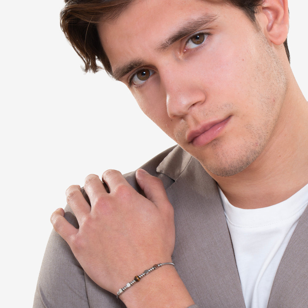 BRACELET HOMME EN ACIER AVEC PIERRES EN OEIL DE TIGRE