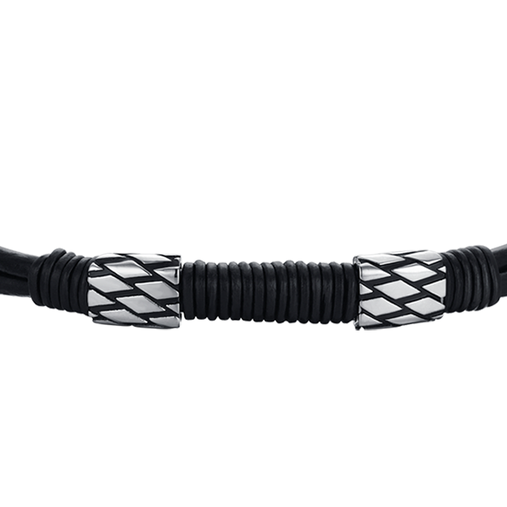 BRACELET HOMME EN CUIR NOIR AVEC ÉLÉMENTS EN ACIER