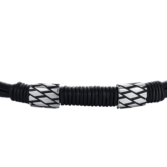BRACELET HOMME EN CUIR NOIR AVEC ÉLÉMENTS EN ACIER