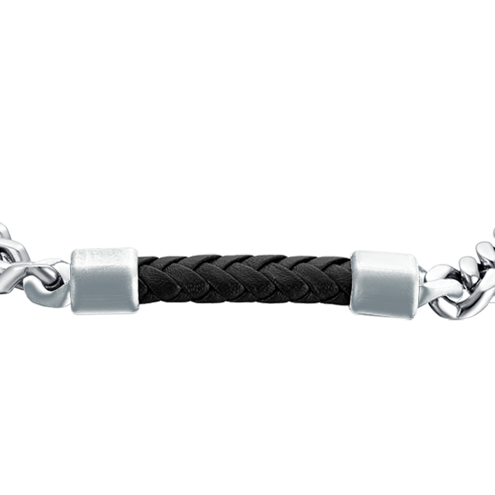 BRACELET HOMME EN ACIER AVEC ÉLÉMENT EN CUIR NOIR