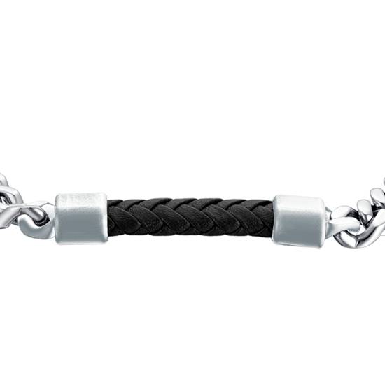 BRACELET HOMME EN ACIER AVEC ÉLÉMENT EN CUIR NOIR