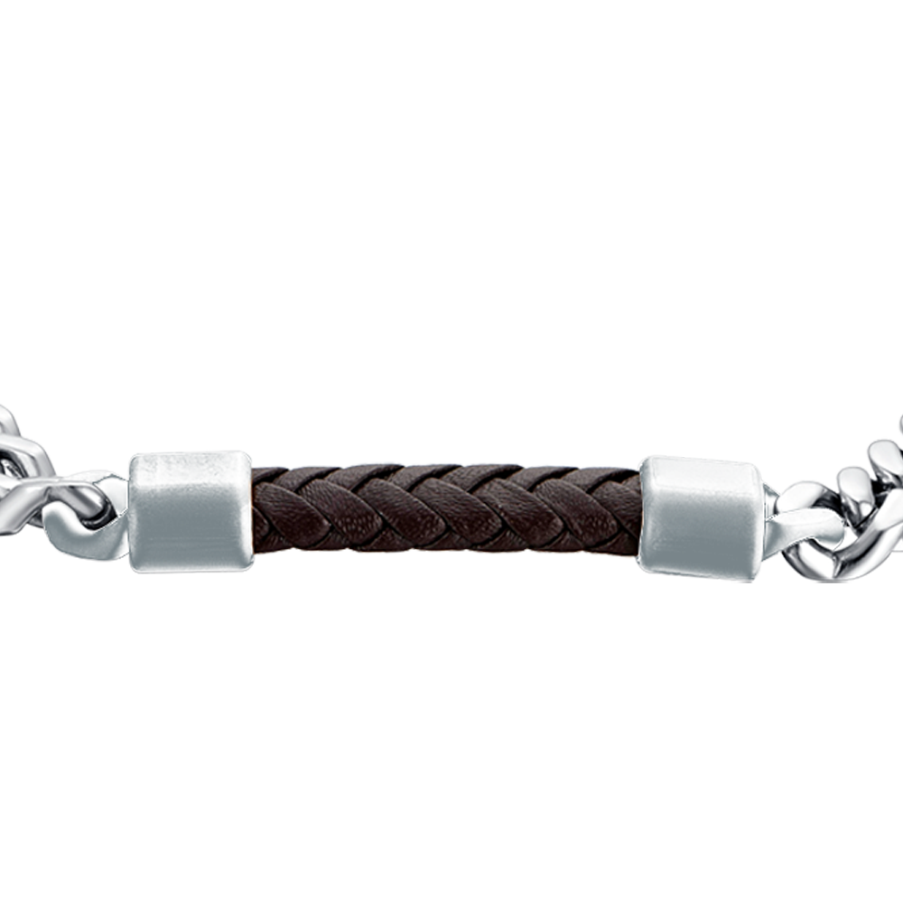 BRACELET HOMME EN ACIER AVEC ÉLÉMENT EN CUIR BRUN