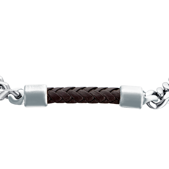 BRACELET HOMME EN ACIER AVEC ÉLÉMENT EN CUIR BRUN