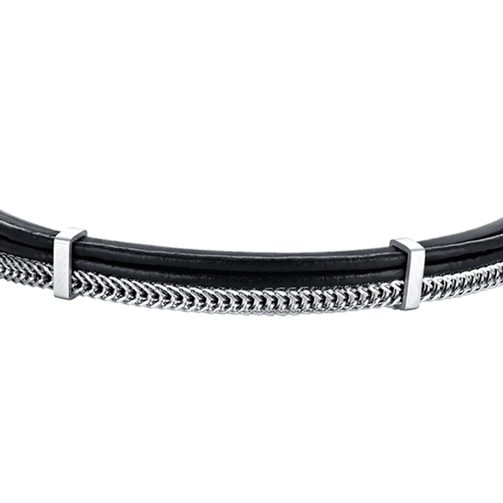BRACELET HOMME EN CUIR NOIR AVEC ÉLÉMENTS EN ACIER