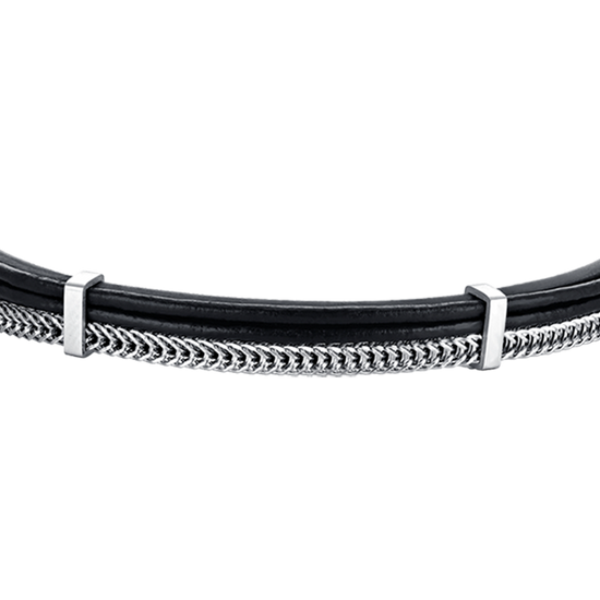 BRACELET HOMME EN CUIR NOIR AVEC ÉLÉMENTS EN ACIER