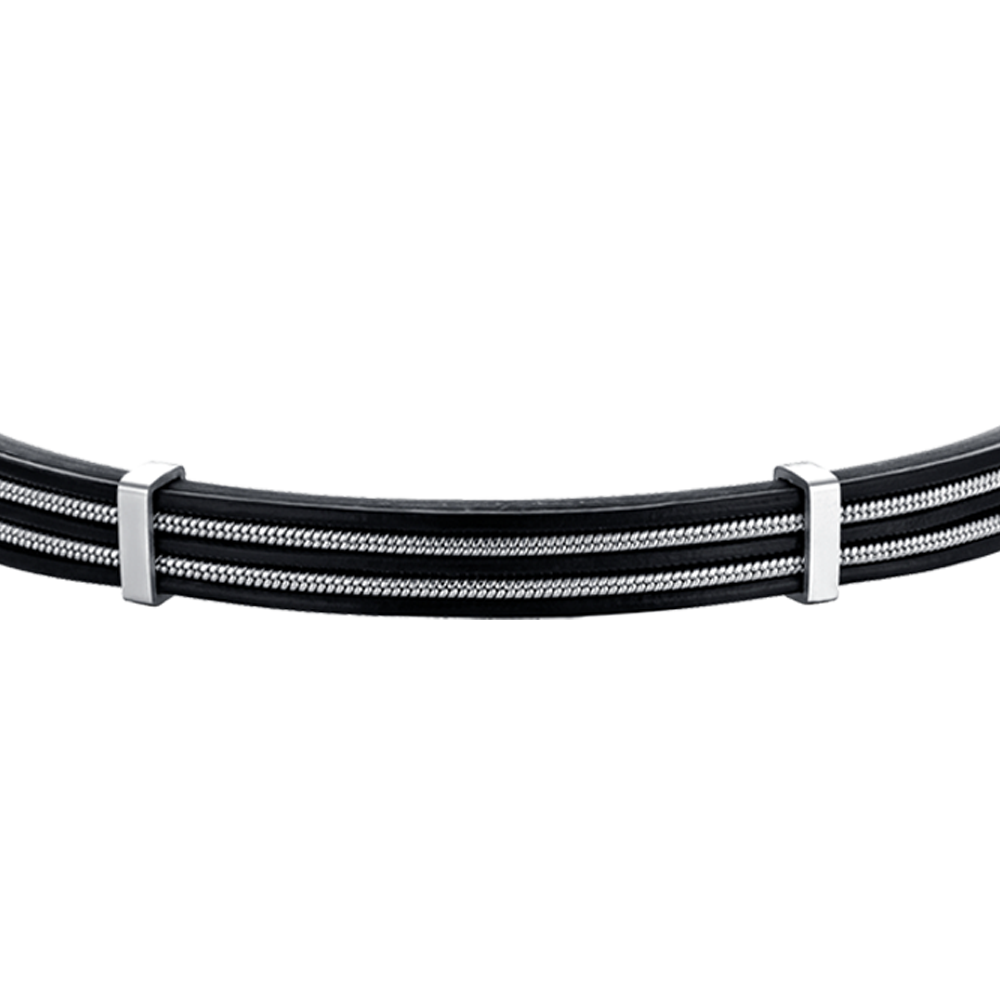 BRACELET HOMME EN CUIR NOIR AVEC ÉLÉMENTS EN ACIER