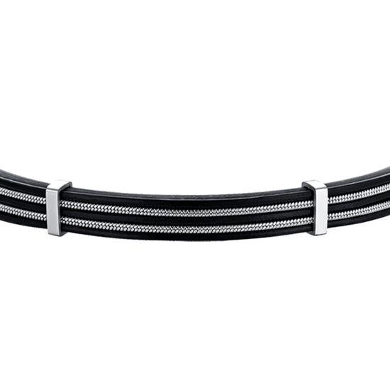 BRACELET HOMME EN CUIR NOIR AVEC ÉLÉMENTS EN ACIER