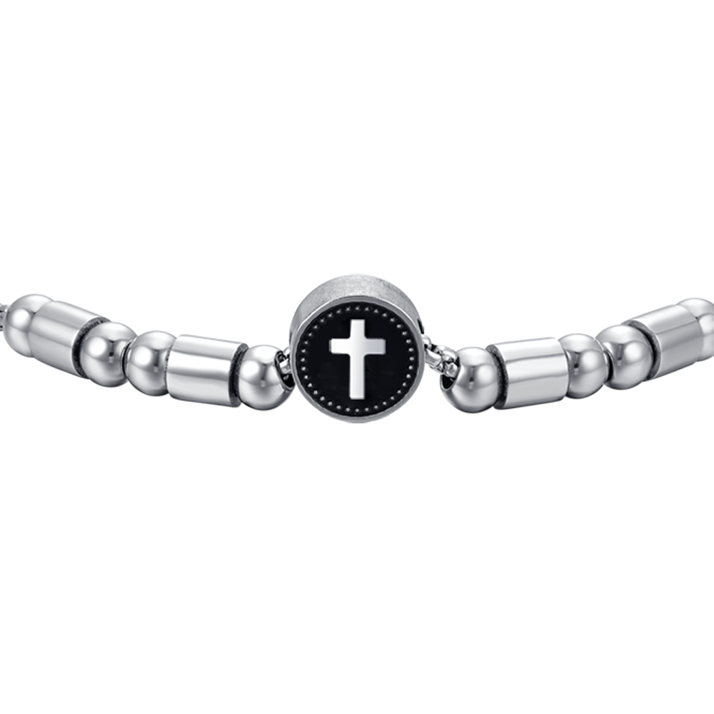 BRACELET HOMME EN ACIER AVEC CROIX EN ARGENT ET ÉMAIL NOIR