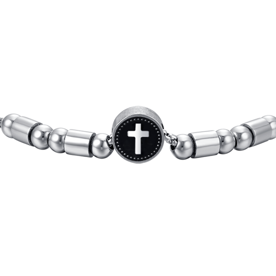 BRACELET HOMME EN ACIER AVEC CROIX EN ARGENT ET ÉMAIL NOIR
