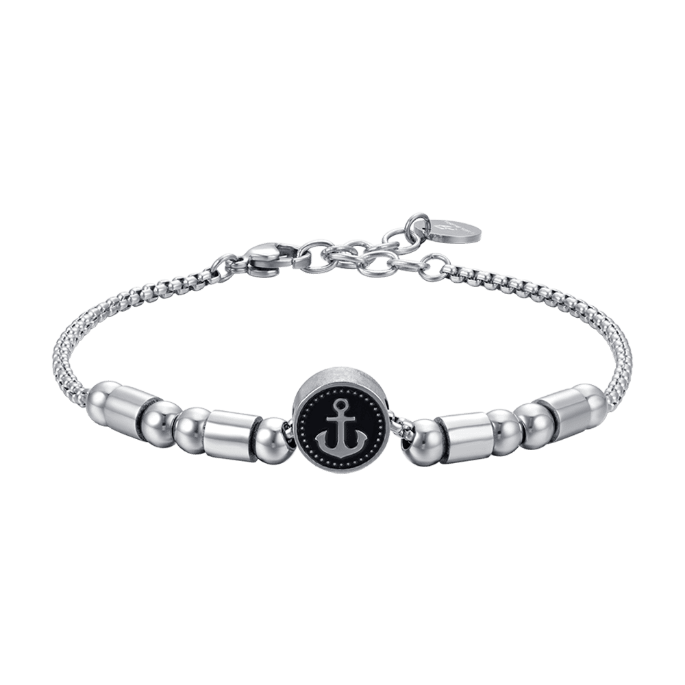 BRACCIALE UOMO IN ACCIAIO ELEMENTO CON ANCORA SILVER E SMALTO NERO Luca Barra