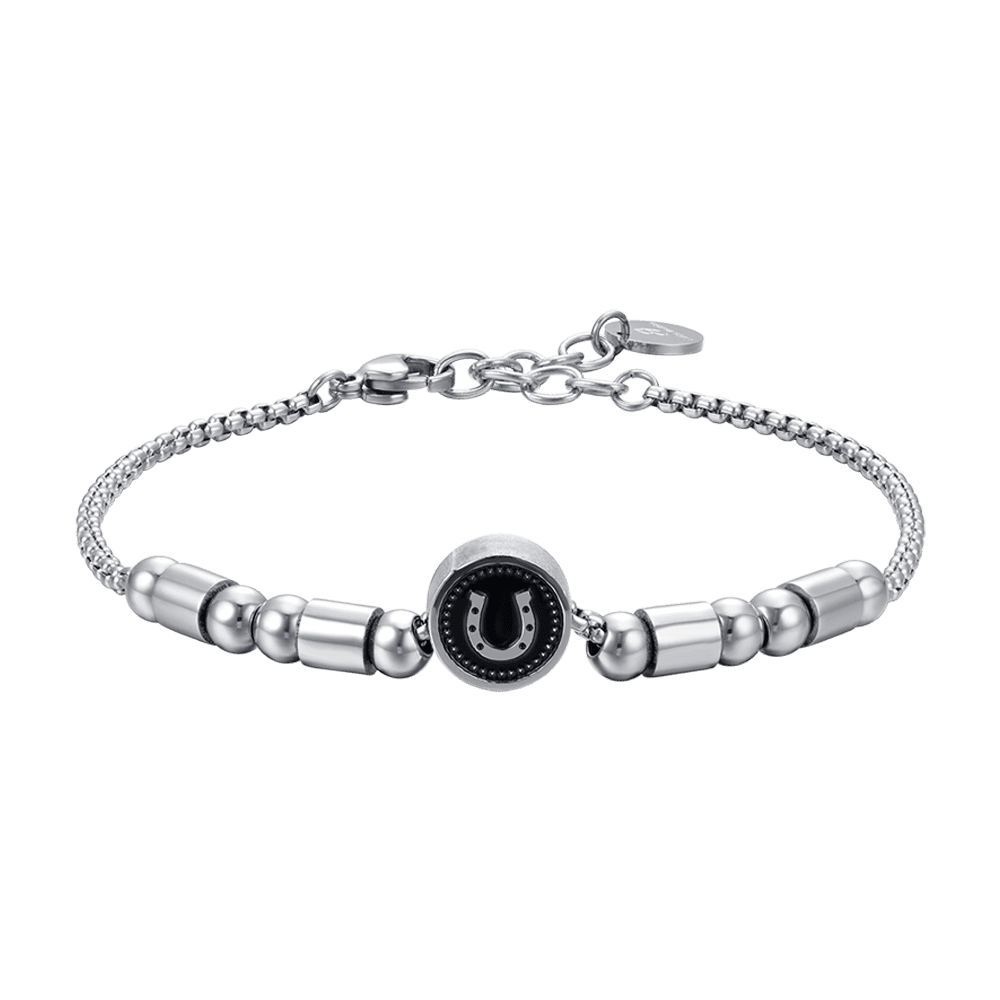 BRACCIALE UOMO IN ACCIAIO ELEMENTO CON FERRO DI CAVALLO SILVER E SMALTO NERO Luca Barra