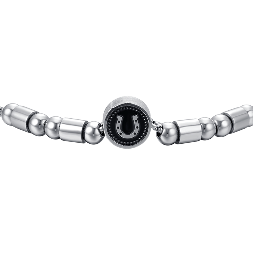 BRACELET HOMME EN ACIER AVEC FER À CHEVAL ARGENTÉ ET ÉMAIL NOIR