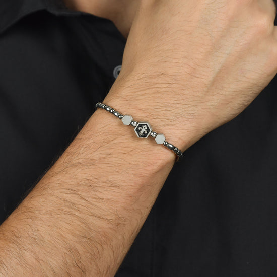 BRACCIALE UOMO IN ACCIAIO ELEMENTO CON GIGLIO SILVER E SMALTO NERO Luca Barra