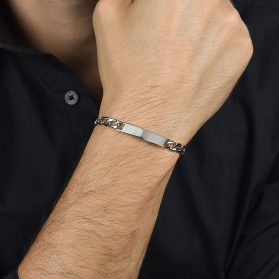 BRACELET HOMME EN ACIER AVEC PLAQUE ARGENTÉE