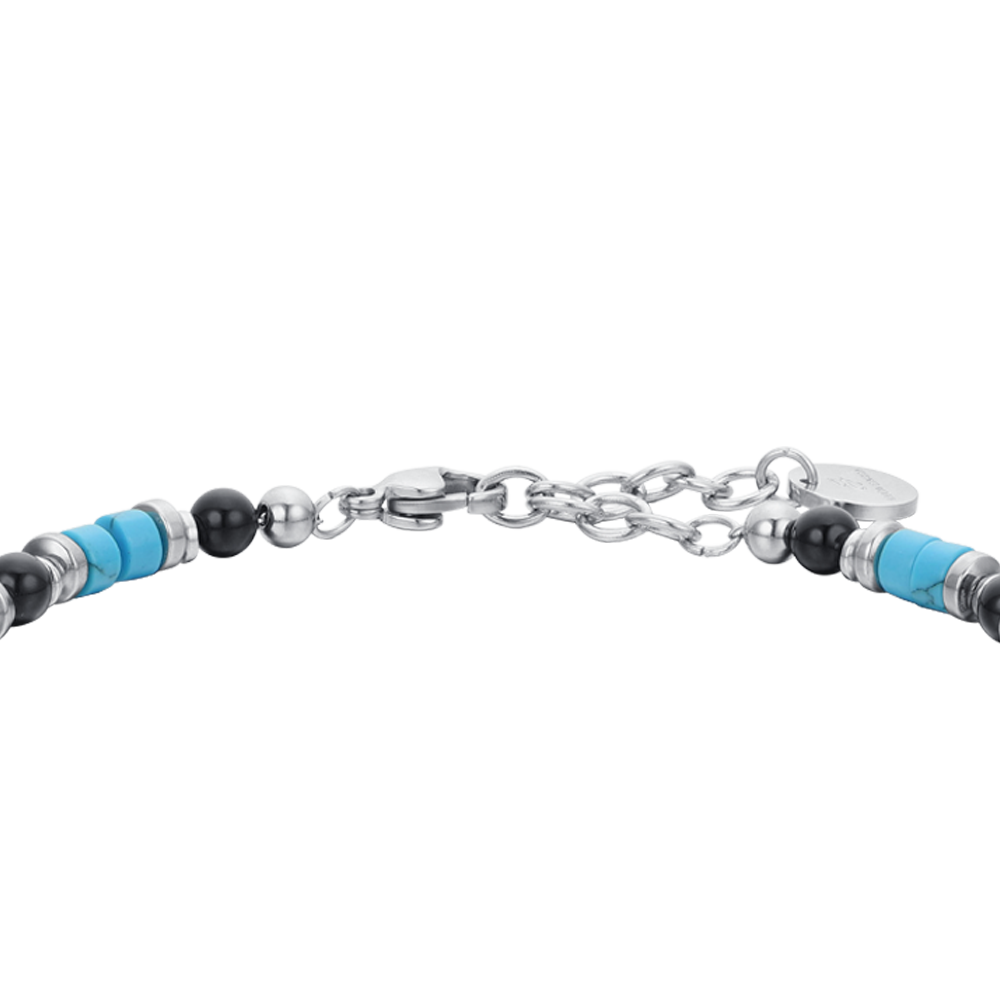 BRACCIALE UOMO IN ACCIAIO CON AGATA NERA E PIETRE TURCHESI