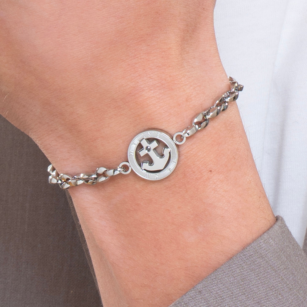 BRACELET HOMME EN ACIER AVEC ANCRE ET CRISTAUX NOIRS