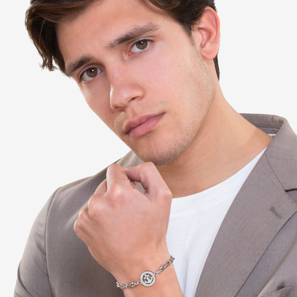 BRACELET HOMME EN ACIER AVEC ANCRE ET CRISTAUX NOIRS