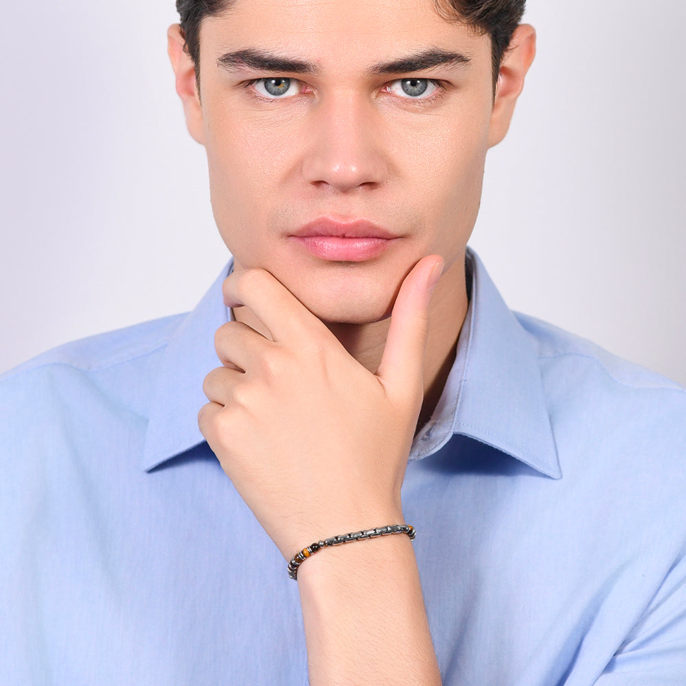 BRACELET HOMME EN ACIER AVEC PIERRE OEIL DE TIGRE