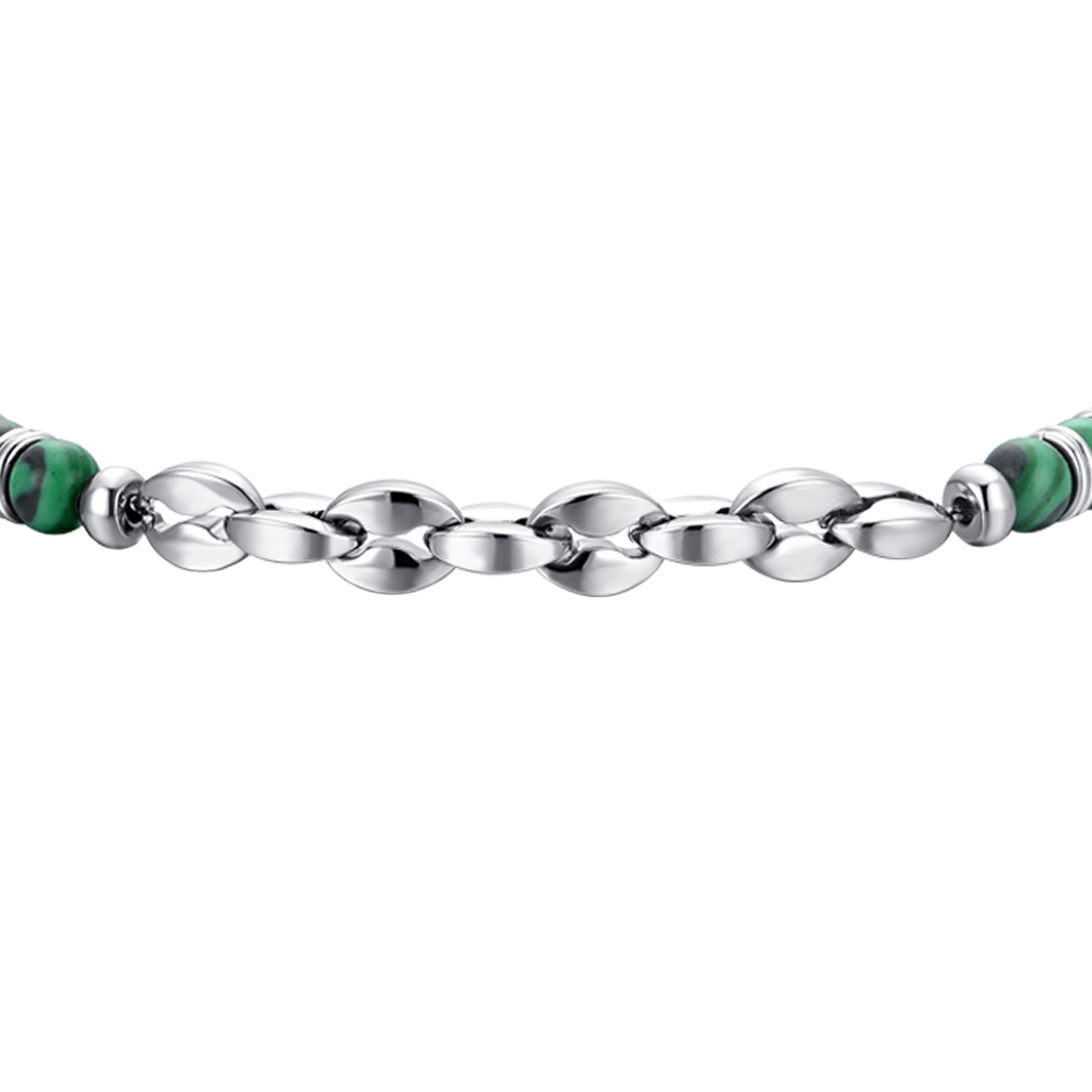 BRACELET HOMME EN ACIER PIERRES VERTES ET ÉLÉMENTS EN ACIER