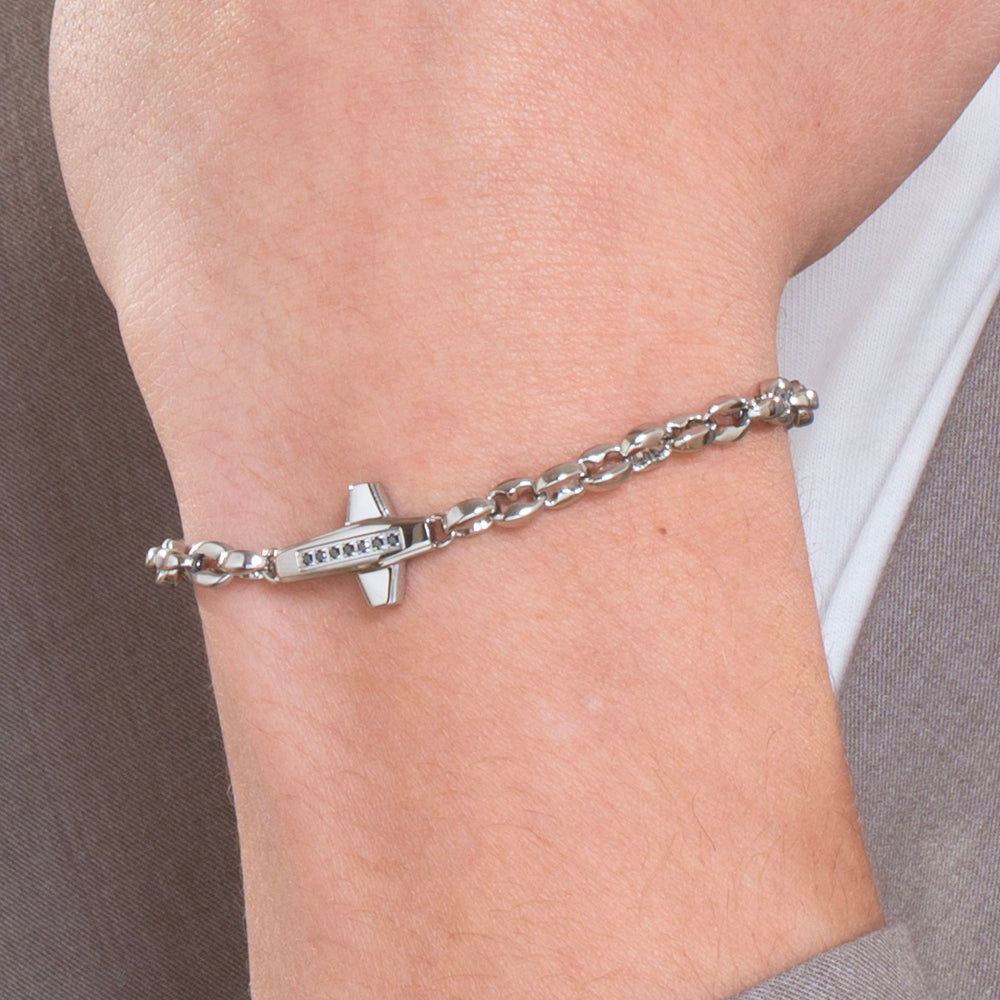 BRACELET HOMME CROIX EN ACIER ET ZIRCON CUBIQUE NOIR