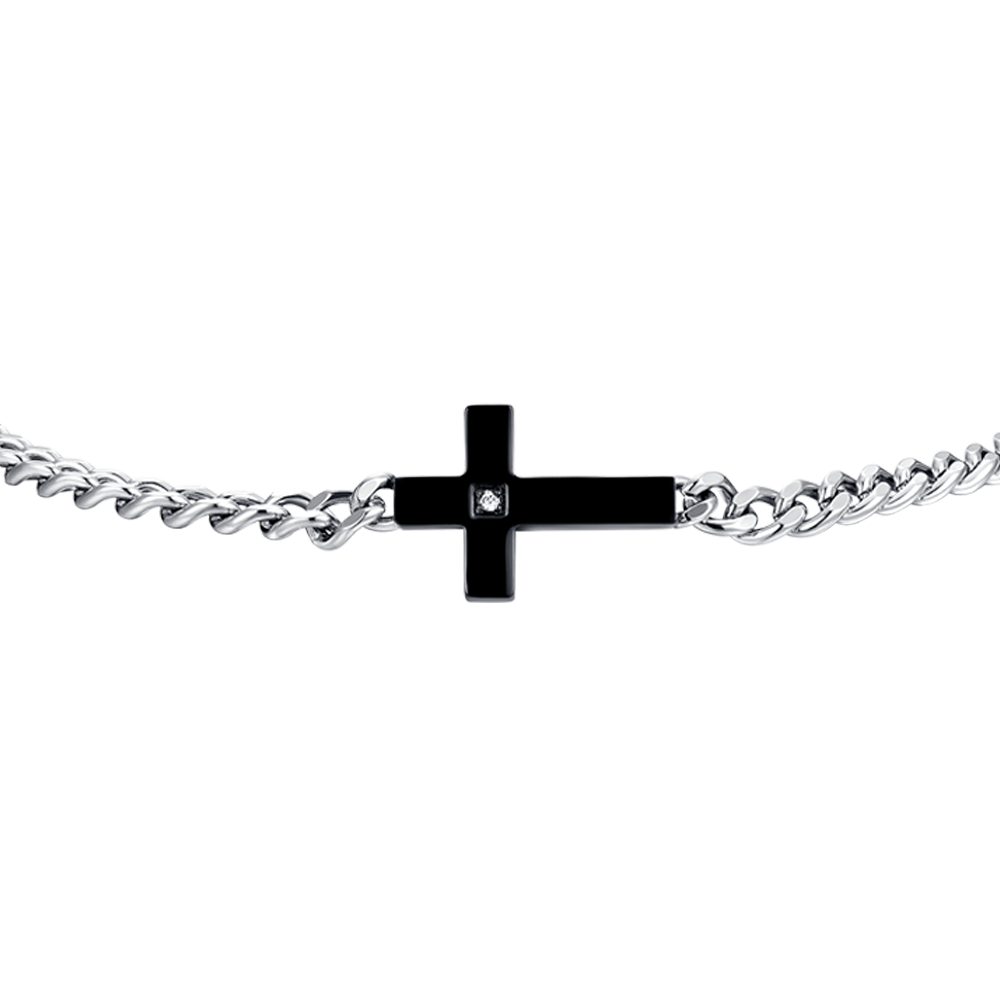 BRACELET ACIER IP CROIX NOIRE ET ZIRCON BLANC