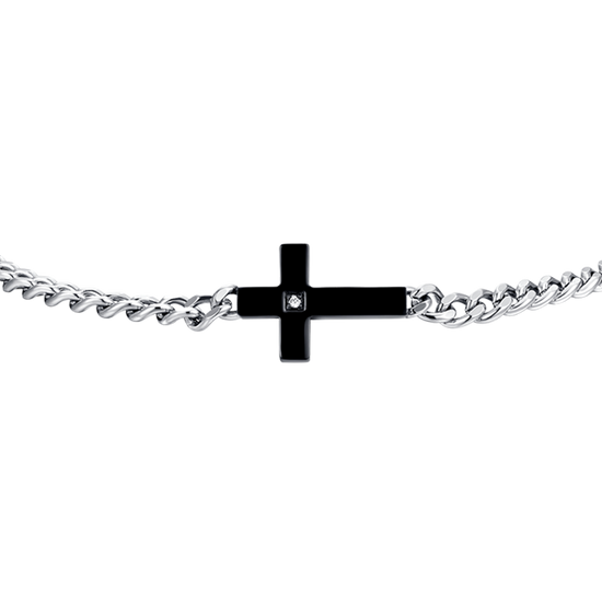 BRACELET ACIER IP CROIX NOIRE ET ZIRCON BLANC