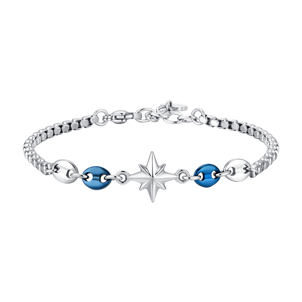 BRACCIALE UOMO IN ACCIAIO CON ROSA DEI VENTI ED ELEMENTI IN ACCIAIO IP BLU