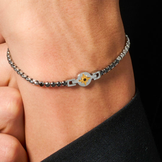 BRACCIALE TENNIS UOMO IN ACCIAIO CON ROSA DEI VENTI IP ROSE E ZIRCONI NERI