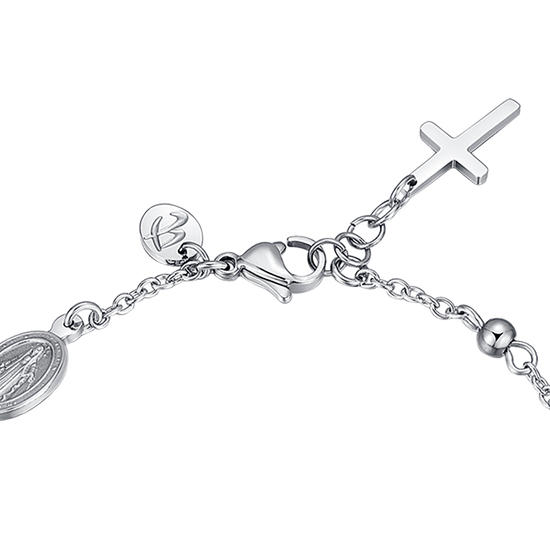 BRACELET POUR HOMME EN ACIER AVEC CHAPELET, PENDENTIF CROIX ET CRISTAUX NOIRS