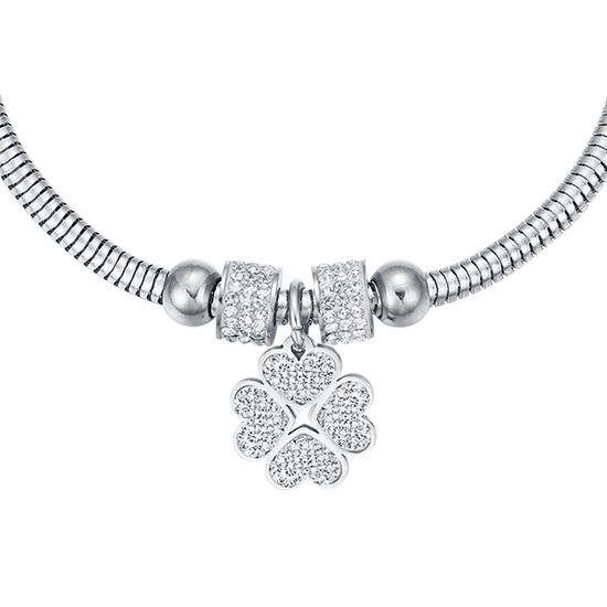 BRACELET POUR FEMME EN ACIER AVEC TRÈFLE À QUATRE FEUILLES ET CRISTAUX BLANCS