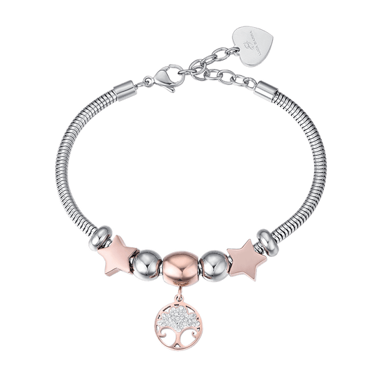 BRACELET POUR FEMME EN ACIER INOXYDABLE AVEC ROSE ARBRE DE VIE ET CRISTAUX BLANCS S Luca Barra