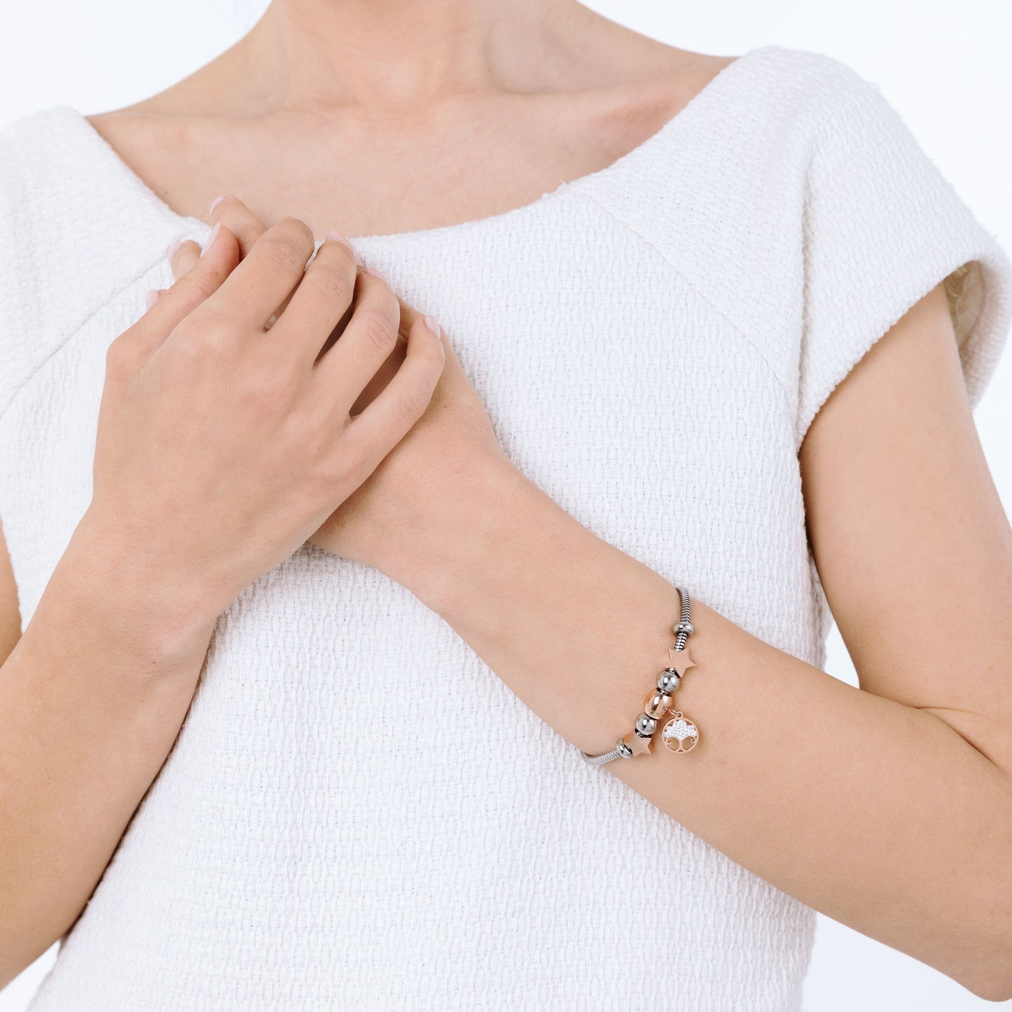 BRACELET EN ACIER POUR FEMME AVEC ARBRE DE VIE IP ROSES ET CRISTAUX BLANCS ET S