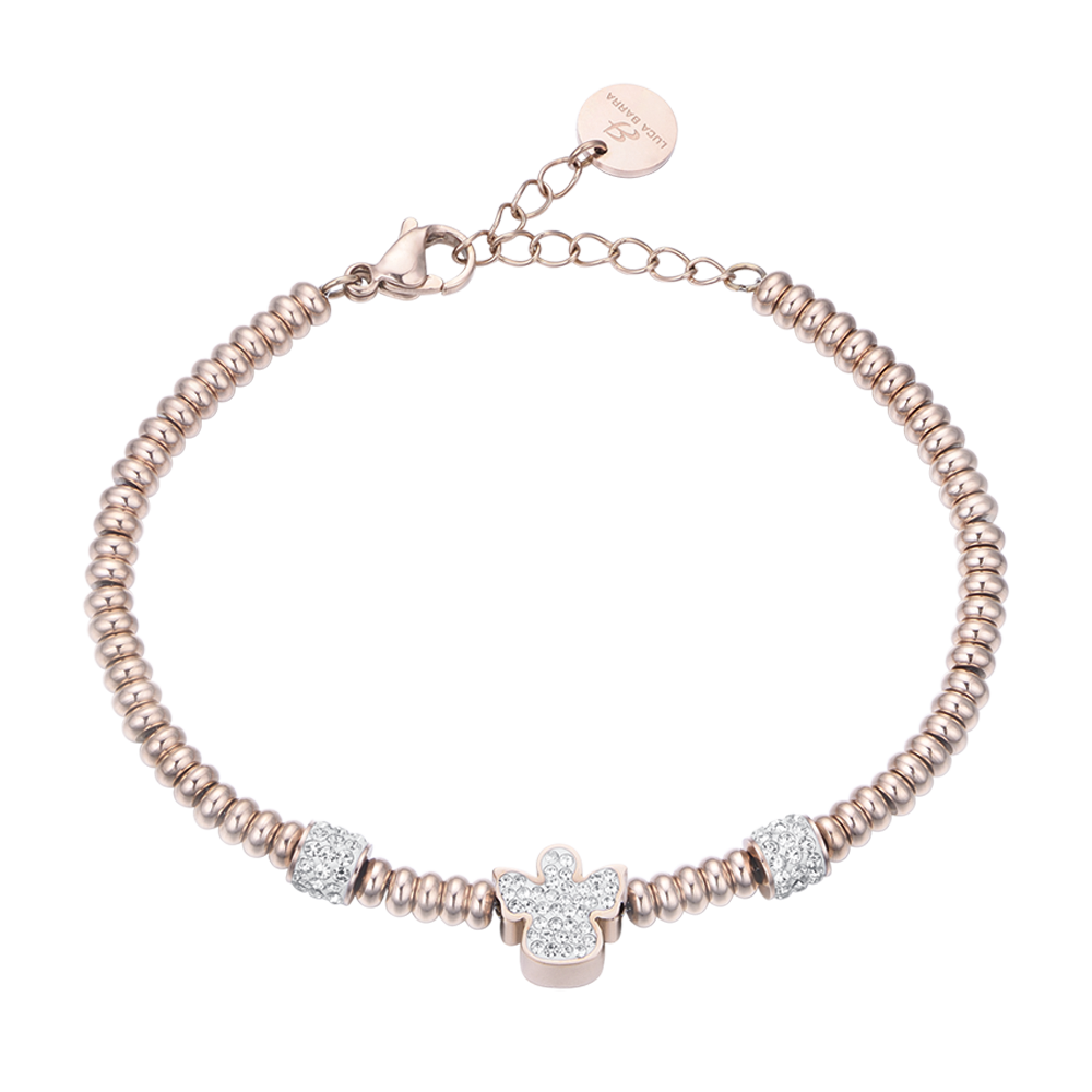 BRACCIALE IN ACCIAIO IP ROSE CON ANGELO CON CRISTALLI BIANCHI