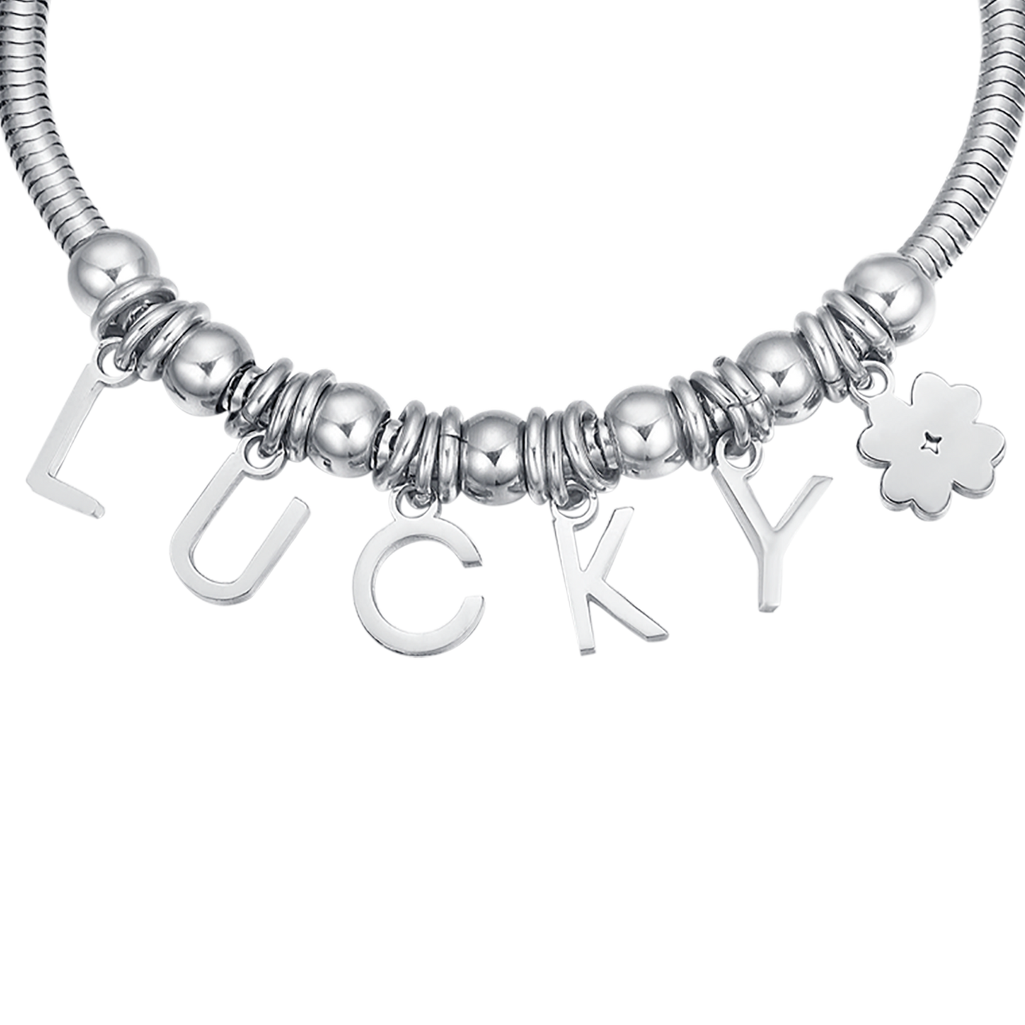 BRACELET EN ACIER AVEC BRELOQUES PORTE-BONHEUR